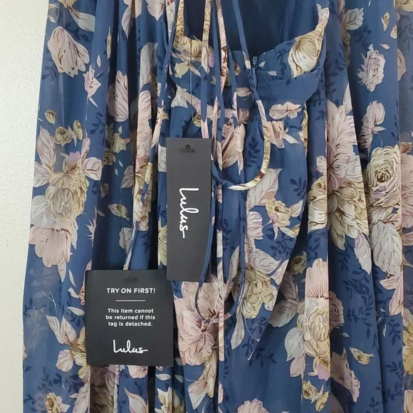 NWT Lulus Soiree Celebration Floral Ruffled Lace-Up Maxi Dress Size Lg Blue - Picture 9 of 14